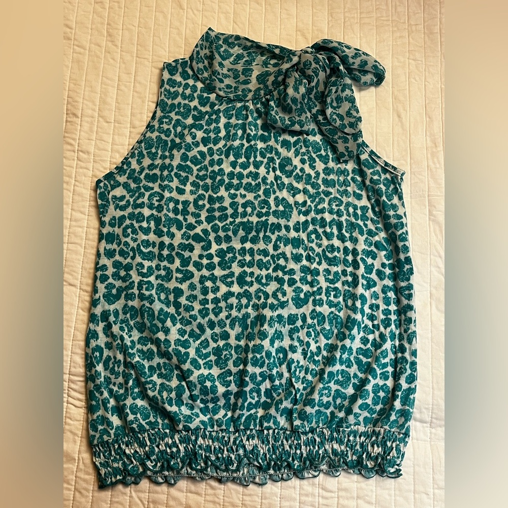 French laundry teal and white tie neck tank top